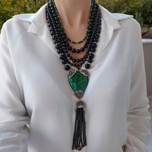 Malachite crystal black onyx necklace. Chunky statement bead necklace Unusual big bold necklace Large long modern necklace Handmade jewelry