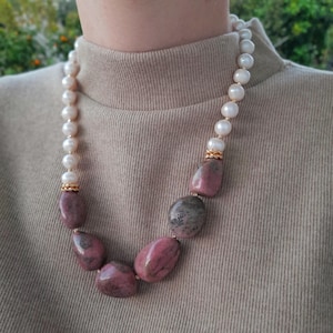 Rhodonite nugget natural pearl big bold necklace women Large statement gemstone beaded necklace Chunky handmade jewelry wife birthday gift