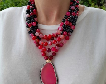 Statement chunky gemstone necklace Handmade jewelry Multistrand necklace with big pendant 50th birthday mom gift Pink big bold bead necklace