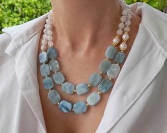Aquamarine moonstone raw crystal necklace Birdhstone handmade jewelry Chunky statement beaded unusual necklace Big bead necklace women gift