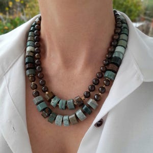 Ocean green jasper bronzite necklace Chunky statement gemstone necklace beaded women gift Handmade jewelry Large stone two strand necklace