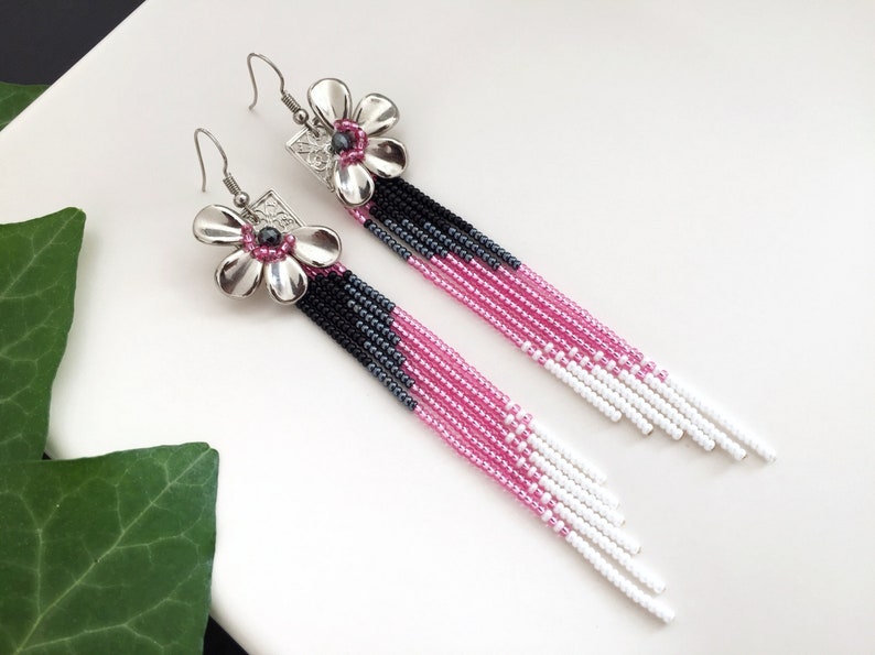 Seed bead fringe earrings Handmade boho earrings. Blossom pink black white ombre earrings Statement flower earrings Long beaded earrings