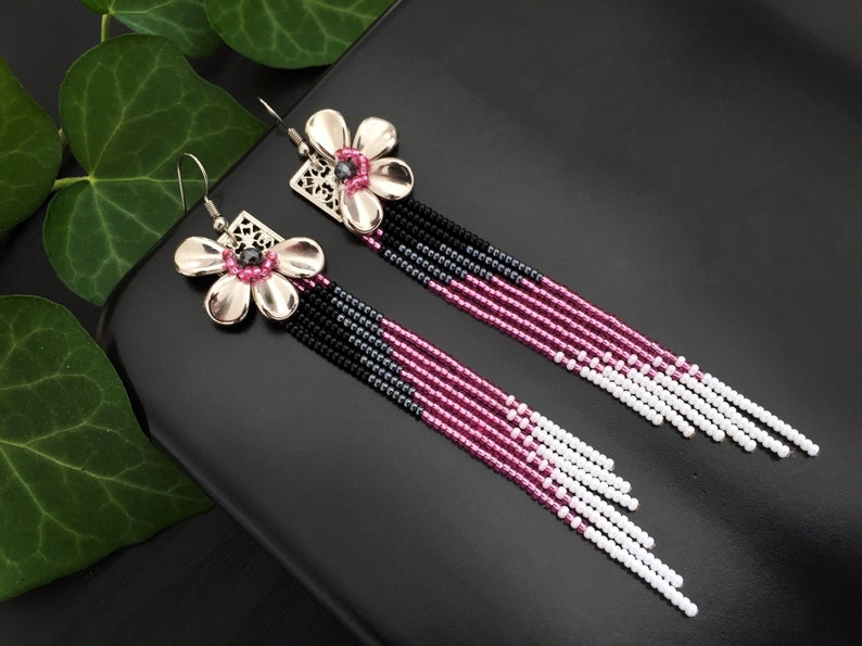 Seed bead fringe earrings Handmade boho earrings. Blossom pink black white ombre earrings Statement flower earrings Long beaded earrings