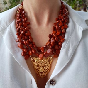Red jasper chunky statement beaded necklace Bohemian bib necklace Raw stone leopard necklace Multistrand beaded necklace Big bold necklace