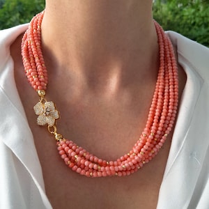 Pink coral chunky necklace Layered wedding flower necklace Gemstone bead statement multistrand necklace birthday women gift Handmade jewelry