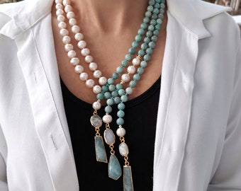 Amazonite pearl pendant necklace Handmade jewelry Chunky statement beaded necklace Elegant layered modern necklace Christmas gift women mom