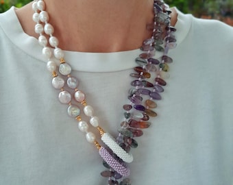 Raw amethyst citrine pearl necklace Statement necklace women Chunky big long gemstone unique ooak necklace Handmade jewelry birthday gift