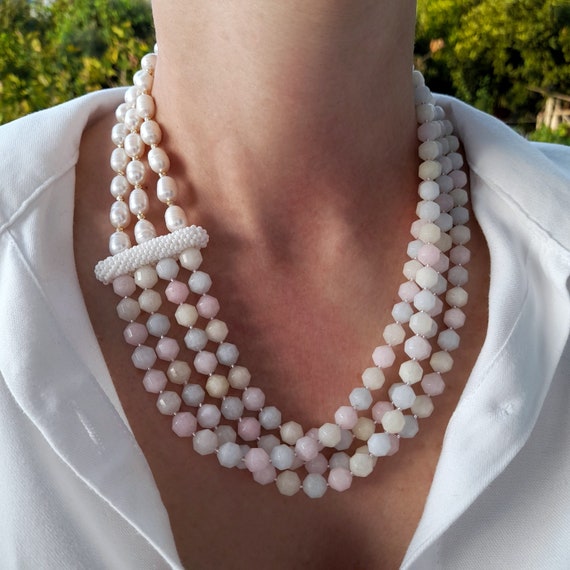 Morganite Pearl Necklace. Chunky Gemstone Layered Bead Necklace