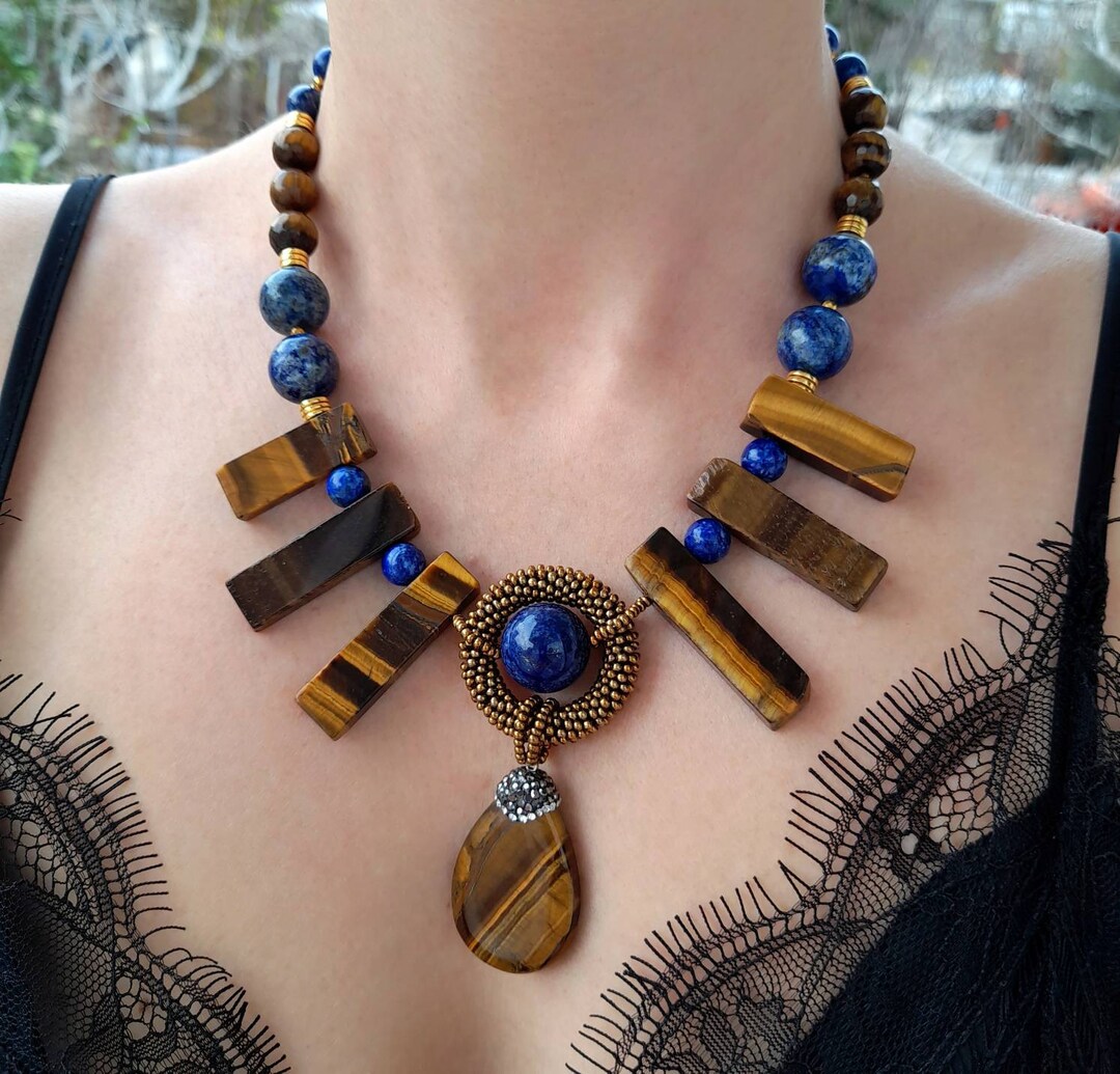 Lapis Lazuli Tiger Eye Beaded Pendant Necklace Women Handmade Jewelry ...
