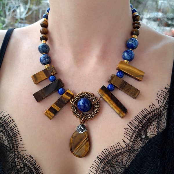 Lapis lazuli tiger eye beaded pendant necklace women Handmade jewelry Statement chunky gemstone necklace Big bold large stone necklace gift