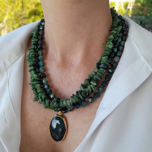 Chunky gemstone bead necklace Green jade agate necklace Statement bib multi-strand necklace Big bold layer pendant necklace Handmade jewelry