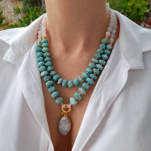 Amazonite moonstone raw crystal necklace Birdhstone handmade jewelry Chunky statement beaded unusual necklace Big bead necklace women gift