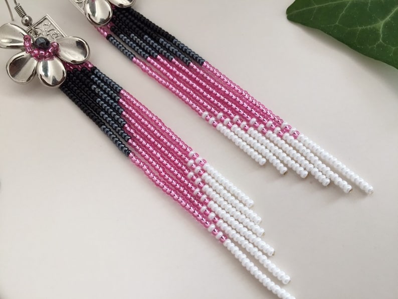 Seed bead fringe earrings Handmade boho earrings. Blossom pink black white ombre earrings Statement flower earrings Long beaded earrings