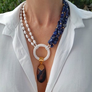 Sodalite pearl necklace bead. Statement necklace Christmas gift for women Chunky gemstone necklace Handmade jewelry raw crystal necklace