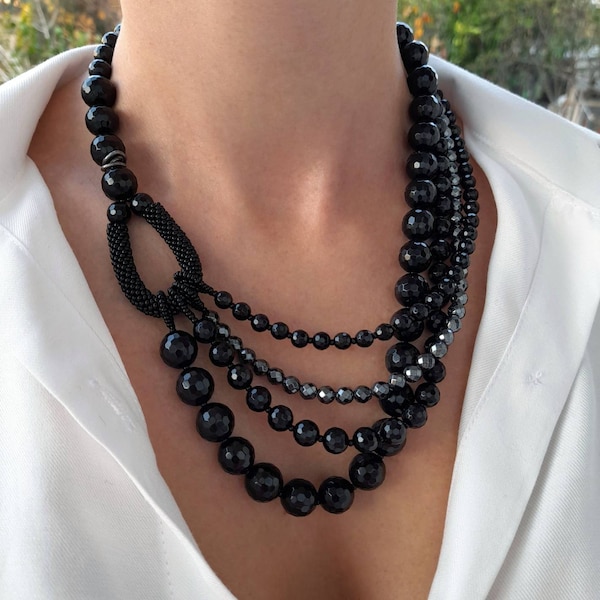 Large black onyx hematite handmade necklace 30th 50th birthday gift for women Statement chunky gemstone bib necklace Big bold bead necklace