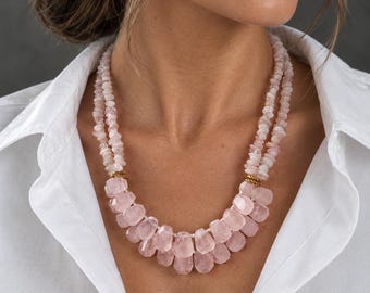 Raw rose quartz nugget necklace Raw crystal handmade jewelry necklace Statement bead unusual necklace Big bead necklace