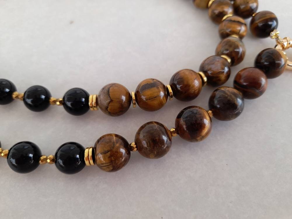 Tiger Eye Necklace Women Black Onyx Beaded Pendant Necklace Etsy