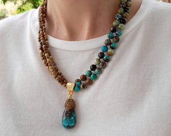 Chunky real turquoise bead necklace Gemstone necklace women Statement  multistrand boho pendant necklace Handmade jewelry Jasper necklace