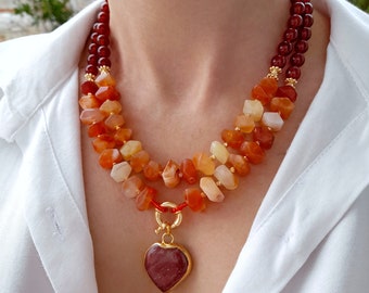 Orange agate chunky statement beaded necklace Bohemian bib necklace Raw stone heart necklace Multistrand beaded necklace Big bold necklace