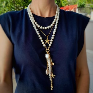 Layered pearl necklace set long multi charm Handmade jewelry Chunky statement gemstone boho beach wedding necklace Birthday wife mom gift