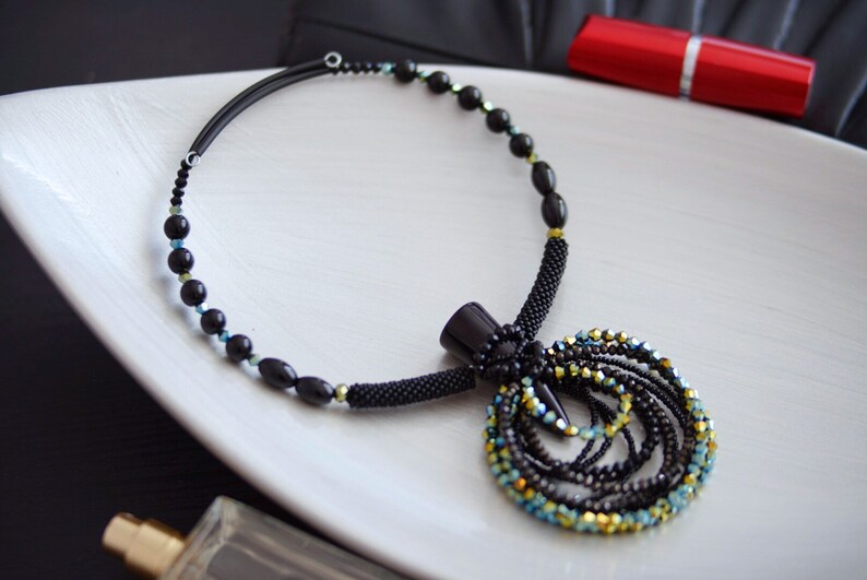 Chunky statement black green necklace birthday gift Big bold crystal necklace Contemporary modern beaded necklace Bohemian bib necklace