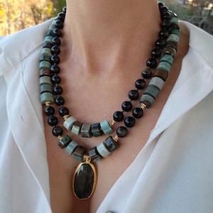Ocean green jasper bronzite necklace Chunky statement gemstone necklace beaded women gift Handmade jewelry Large stone two strand necklace