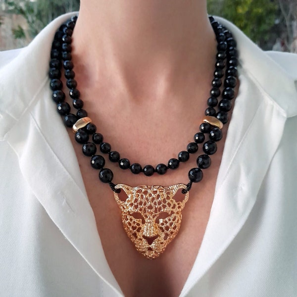 Black gold necklace women Onyx leopard handmade necklace 50th birthday gift Statement chunky gemstone bib necklace Big bold bead necklace