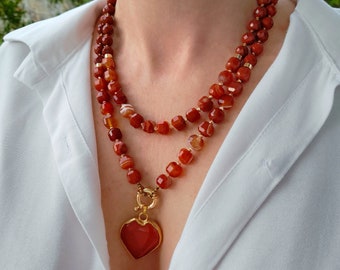 Orange agate jasper chunky statement beaded necklace Bohemian bib necklace  stone heart necklace Multistrand bead necklace Big bold necklace
