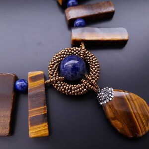 Lapis Lazuli Tiger Eye Beaded Pendant Necklace Women Handmade Jewelry ...
