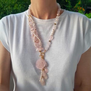 Rose quartz pearl chunky gemstone necklace women gift Handmade jewelry Statement unusual pendants necklace Big bold layer wedding necklace