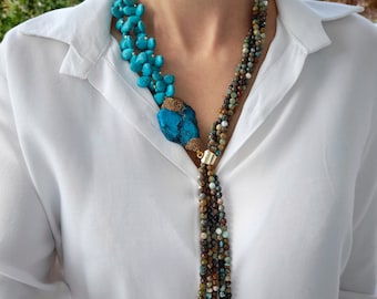 African turquoise necklace. Chunky statement long wedding beaded necklace. Unusual big bold necklace. Large blue modern necklace women gift