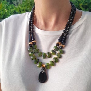 Jade necklace. Chunky statement gemstone pendant necklace beaded Birthday gift women. Handmade jewelry Large bead necklace Mom birthday gift