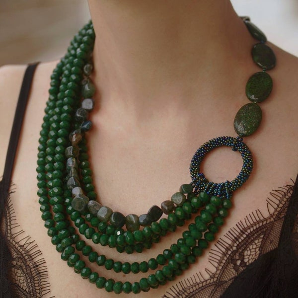 Large green crystal lapis lazuli raw agate bead women necklace. Mom birthday gift. Statement chunky bib gemstone necklace Big bold necklace