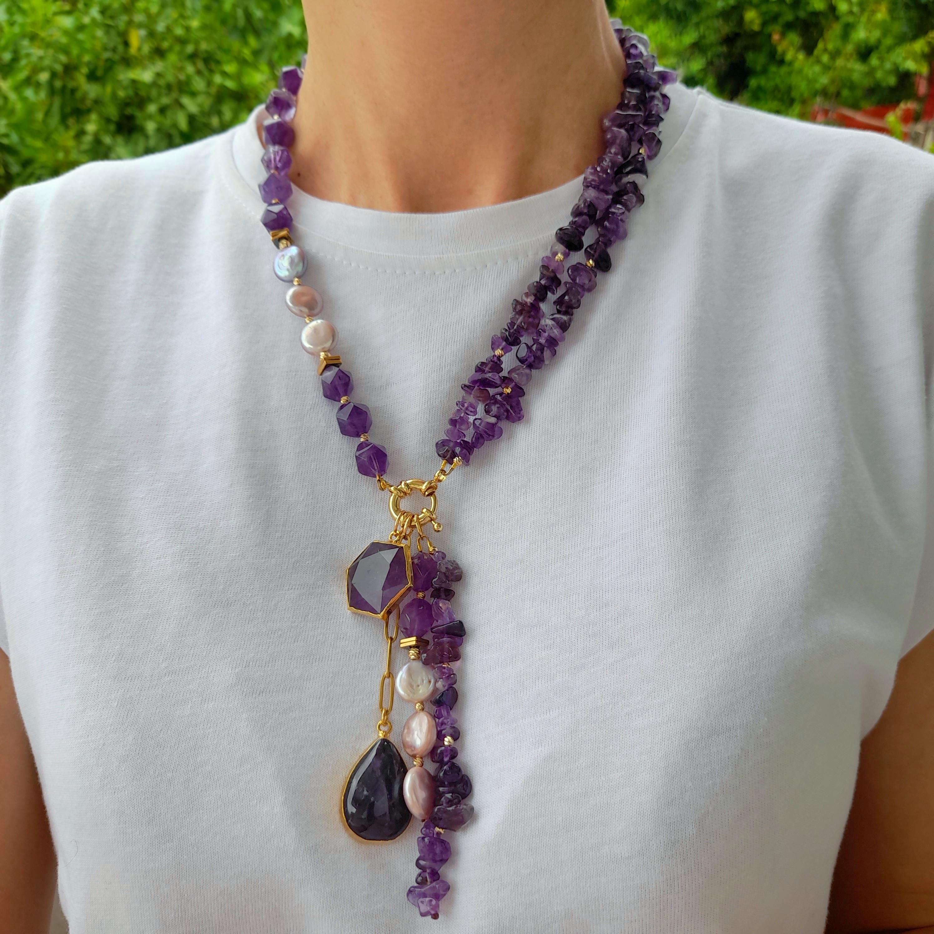 Amethyst pearl gold necklace. Chunky statement beaded necklace Unusual big bold necklace Large long necklace Contemporary modern necklace