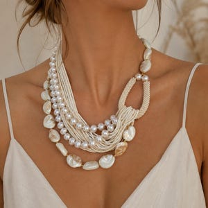 Raw mother of pearl, pearl boho summer bib necklace large. Chunky layered statement necklace. Multistrand beaded wedding necklace