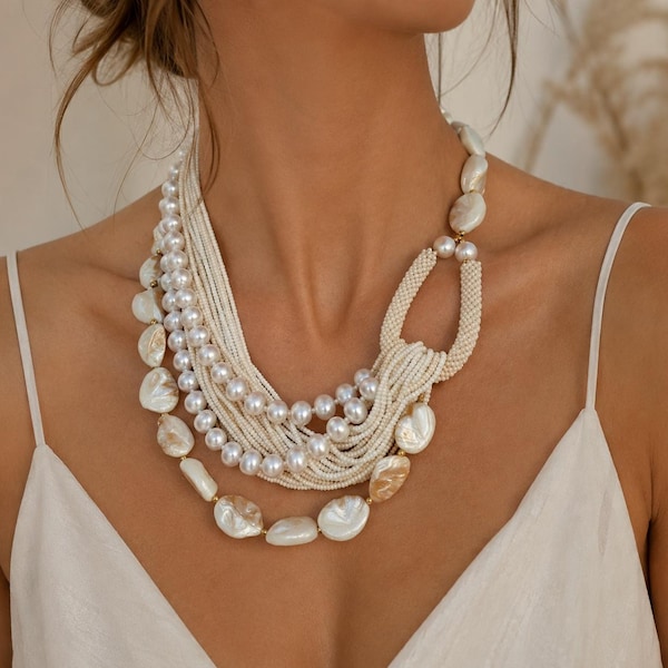 Raw mother of pearl, pearl boho summer bib necklace large. Chunky layered statement necklace. Multistrand beaded wedding necklace