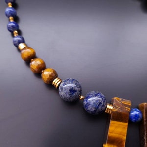 Lapis Lazuli Tiger Eye Beaded Pendant Necklace Women Handmade Jewelry ...