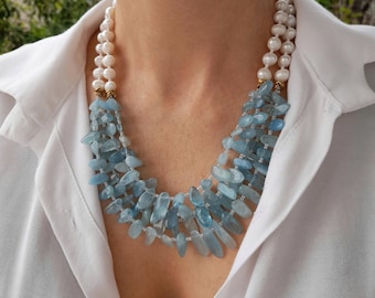 Aquamarine baroque pearl birdhstone multistrand necklace Handmade jewelry Chunky statement unusual necklace Big beaded necklace women gift