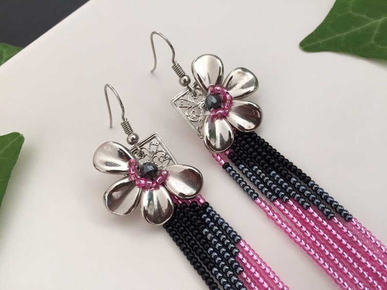 Seed bead fringe earrings Handmade boho earrings. Blossom pink black white ombre earrings Statement flower earrings Long beaded earrings