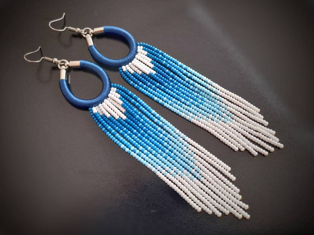 Long Beaded Fringe Hoop Earrings. Seed Bead Tassel Earrings. Etsy