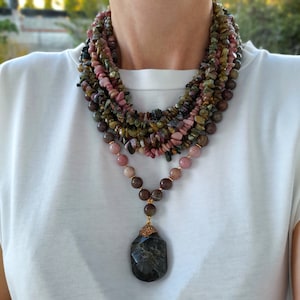 Multigems bib necklace bead Raw crystal necklace Chunky statement multistrand gemstone necklace pendant Handmade jewelry Mom birthday gift
