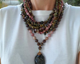 Multigems bib necklace bead Raw crystal necklace Chunky statement multistrand gemstone necklace pendant Handmade jewelry Mom birthday gift