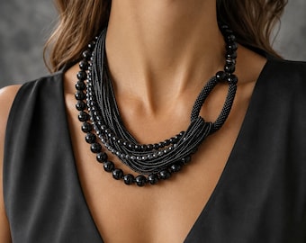 Large black onyx hematite modern gemstone necklace birthday gift for women wife mom Statement big bold bead necklace Christmas gift for mom