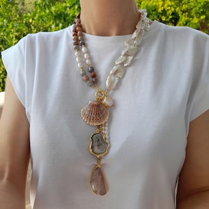 Baroque pearl fossil necklace long multi charm Handmade jewelry Chunky statement gemstone boho beach wedding necklace Birthday wife mom gift