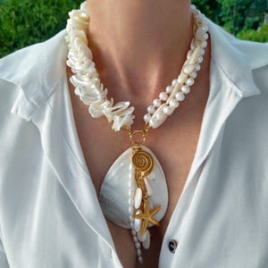 Chunky raw mother of pearl necklace large pendant Handmade jewelry statement gemstone boho beach wedding necklace Birthday wife mom gift
