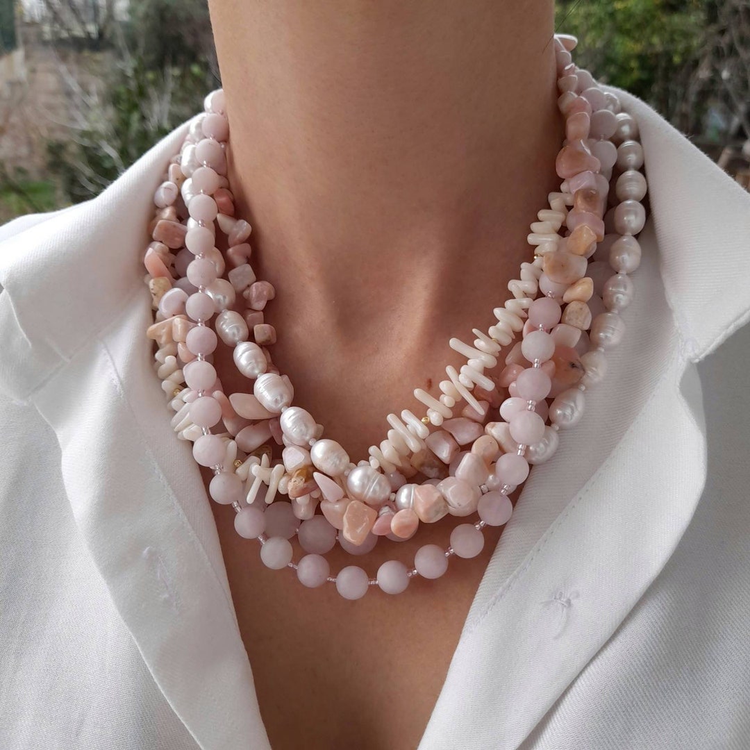 Pink Opal Rose Quartz Chunky Raw Gemstone Necklace Handmade Jewelry