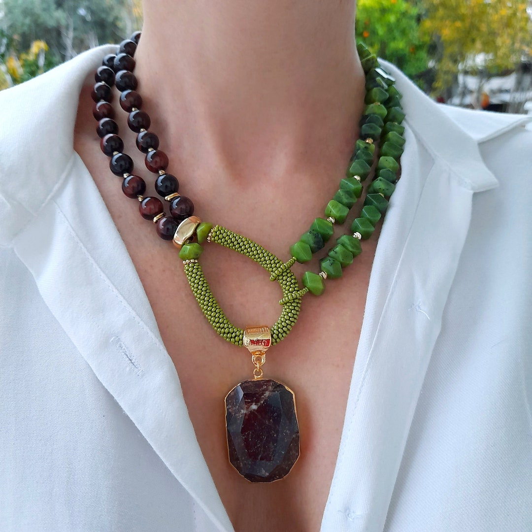 Raw Crystal Jade Tiger Eye Necklace Chunky Statement Gemstone Necklace