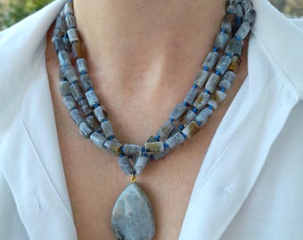 Labradorite large pendant necklace Crystal chunky big bold necklace Statement beaded bib multistrand necklace mom wife gift Handmade jewelry