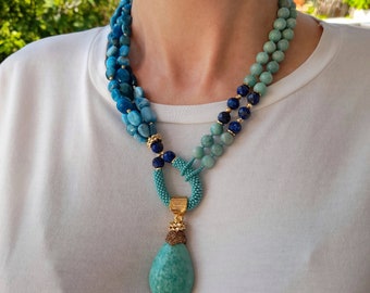 Amazonite apatite lapis lazuli raw crystal necklace Handmade jewelry Chunky statement unusual big bold necklace Large bib modern necklace