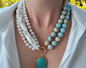 Chunky raw mother of pearl variscite necklace large pendant Handmade jewelry statement gemstone boho wedding necklace Birthday wife mom gift